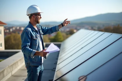 Homme avec plan et panneaux solaires sur toit d'école à Valence