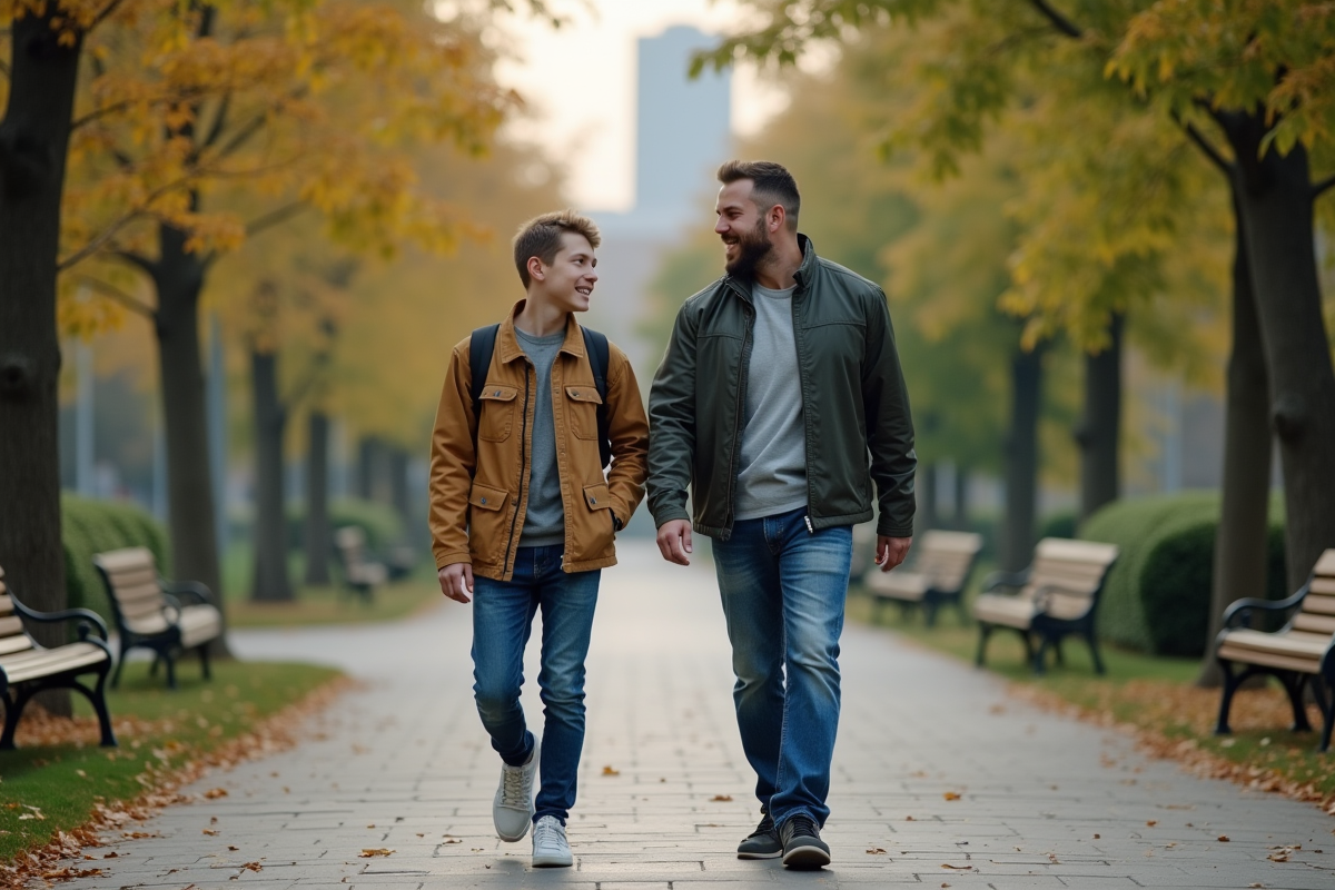 Père et adolescent marchant dans un parc urbain en discussion