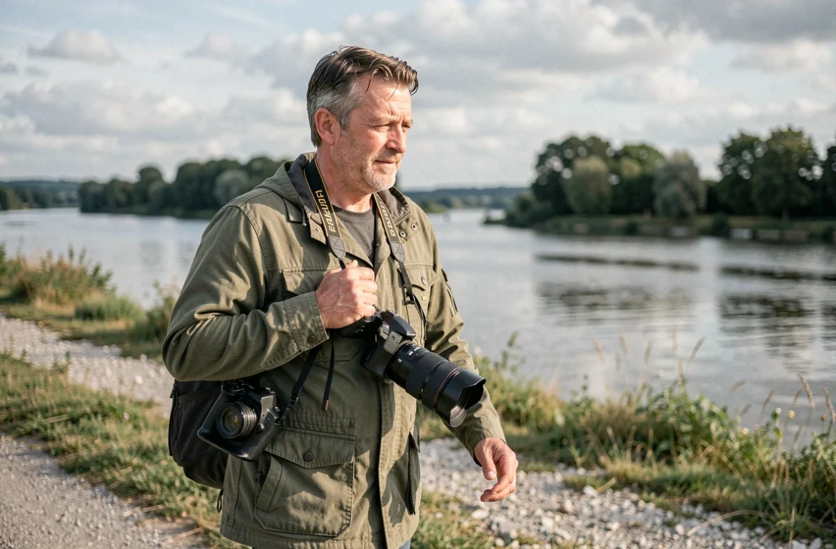Patbphotographe marchant le long des rives de la Loire avec son appareil photo professionnel en Loire-Atlantique