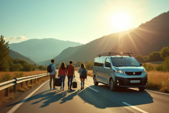 Peugeot Expert garé avec amis au paysage ensoleille