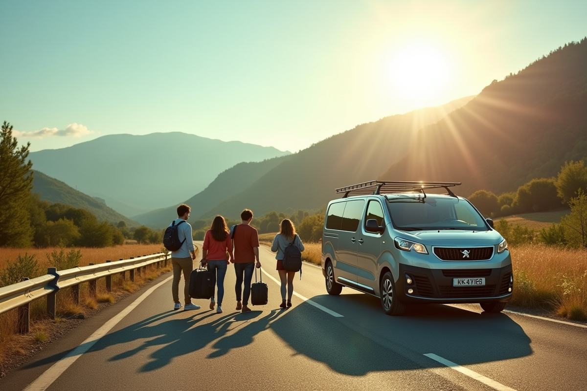 Peugeot Expert garé avec amis au paysage ensoleille