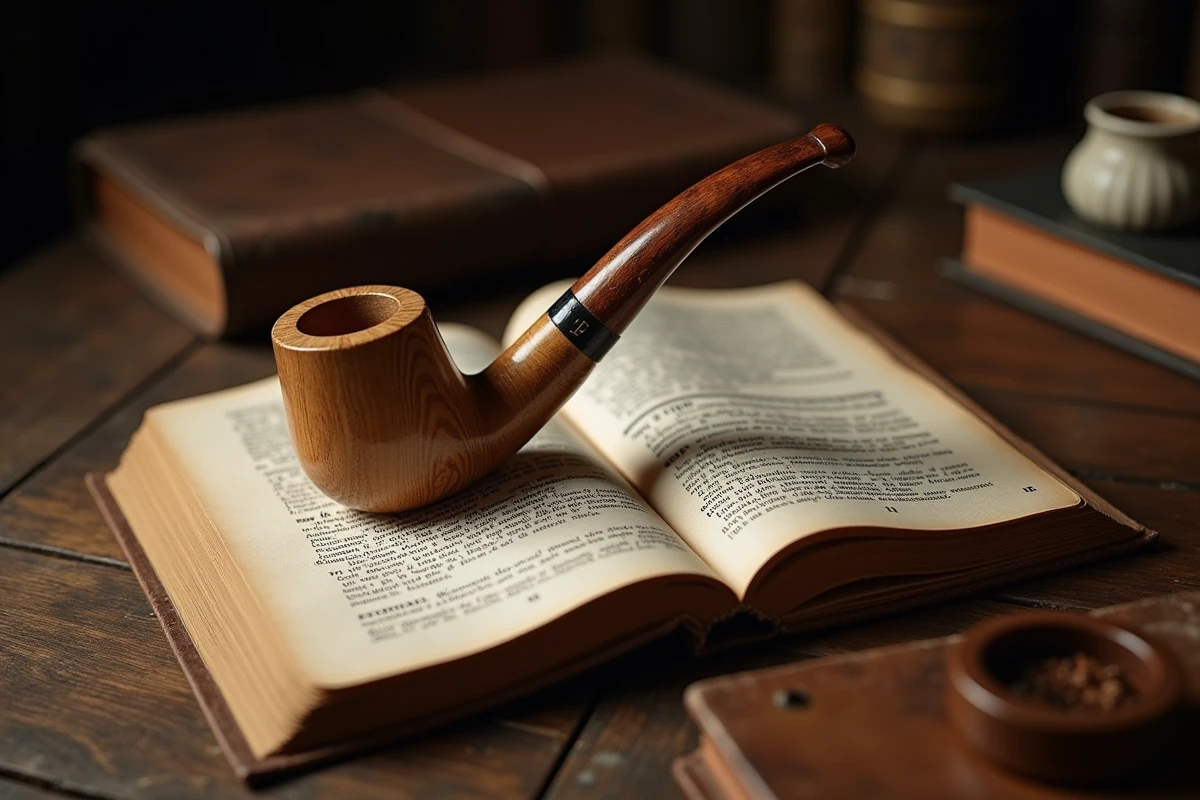 Pipe en bois posée sur un dictionnaire vintage ouvert, évoquant le concept philosophique de représentation de Magritte