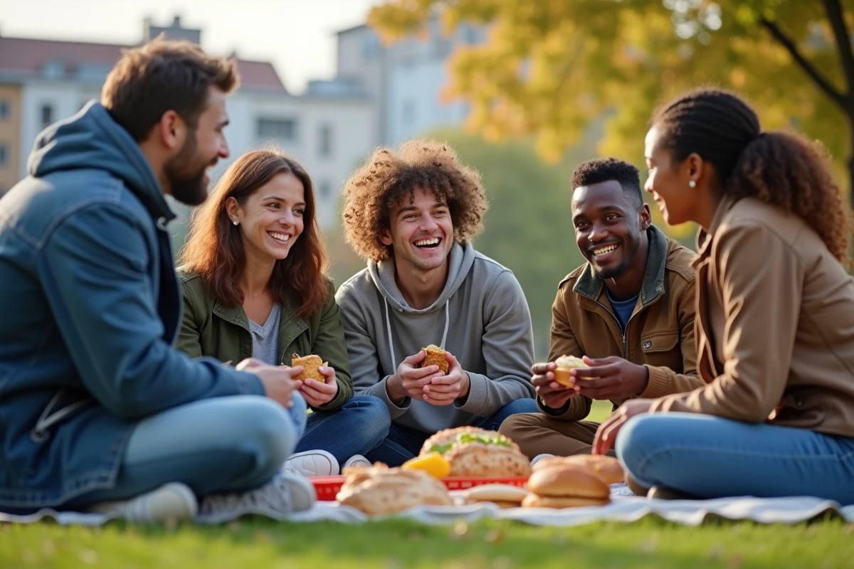 Famille recomposée partage un pique-nique dans un parc urbain
