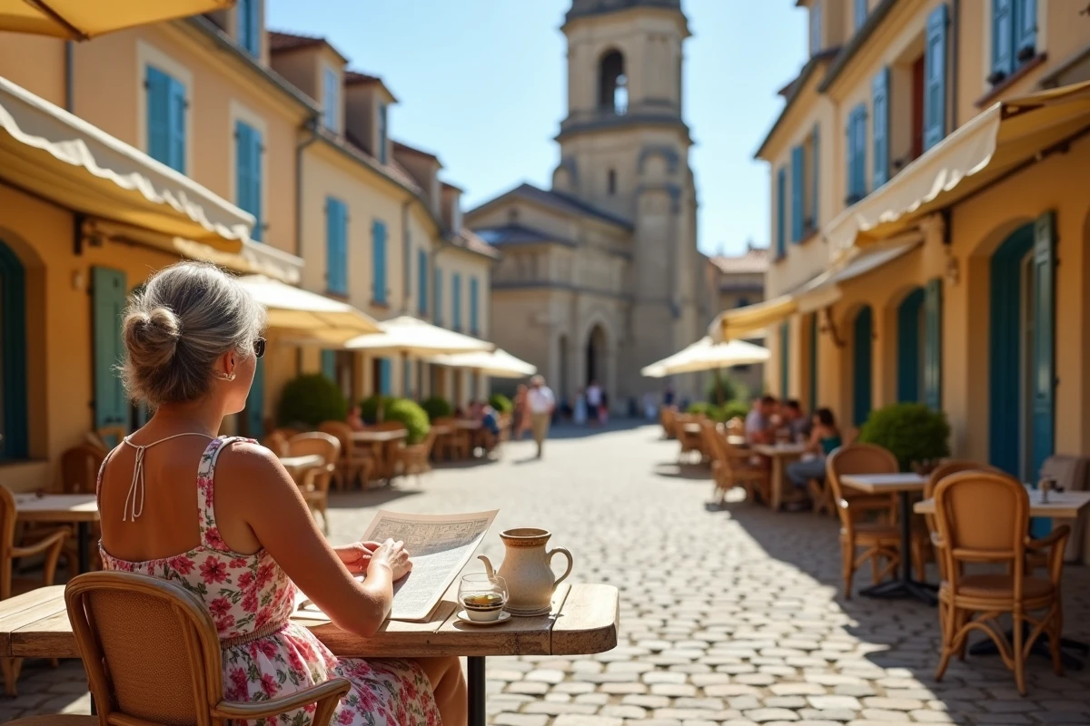 Terrasse de café sur la place d'Eauze dans le Gers avec vue sur la cathédrale Saint-Luperc lors d'un itinéraire Armagnac