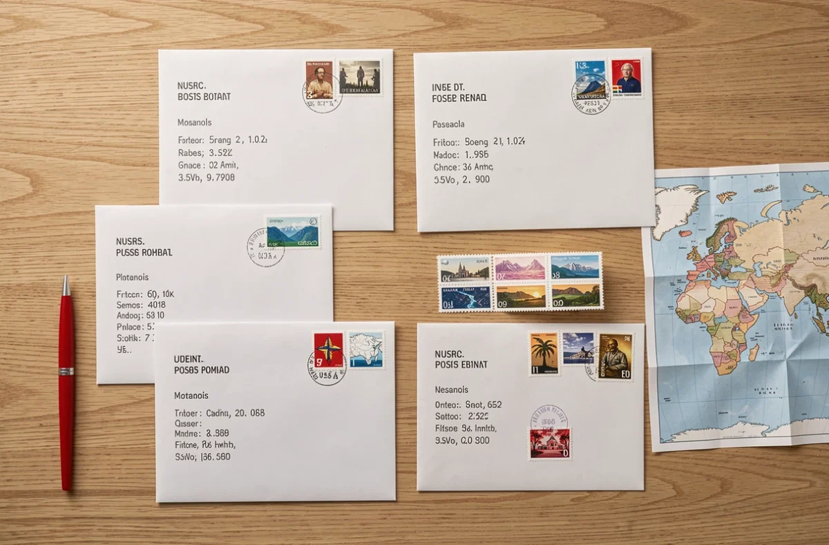 Vue de dessus d'enveloppes internationales avec timbres correctement positionnés dans le coin supérieur droit sur un bureau en bois