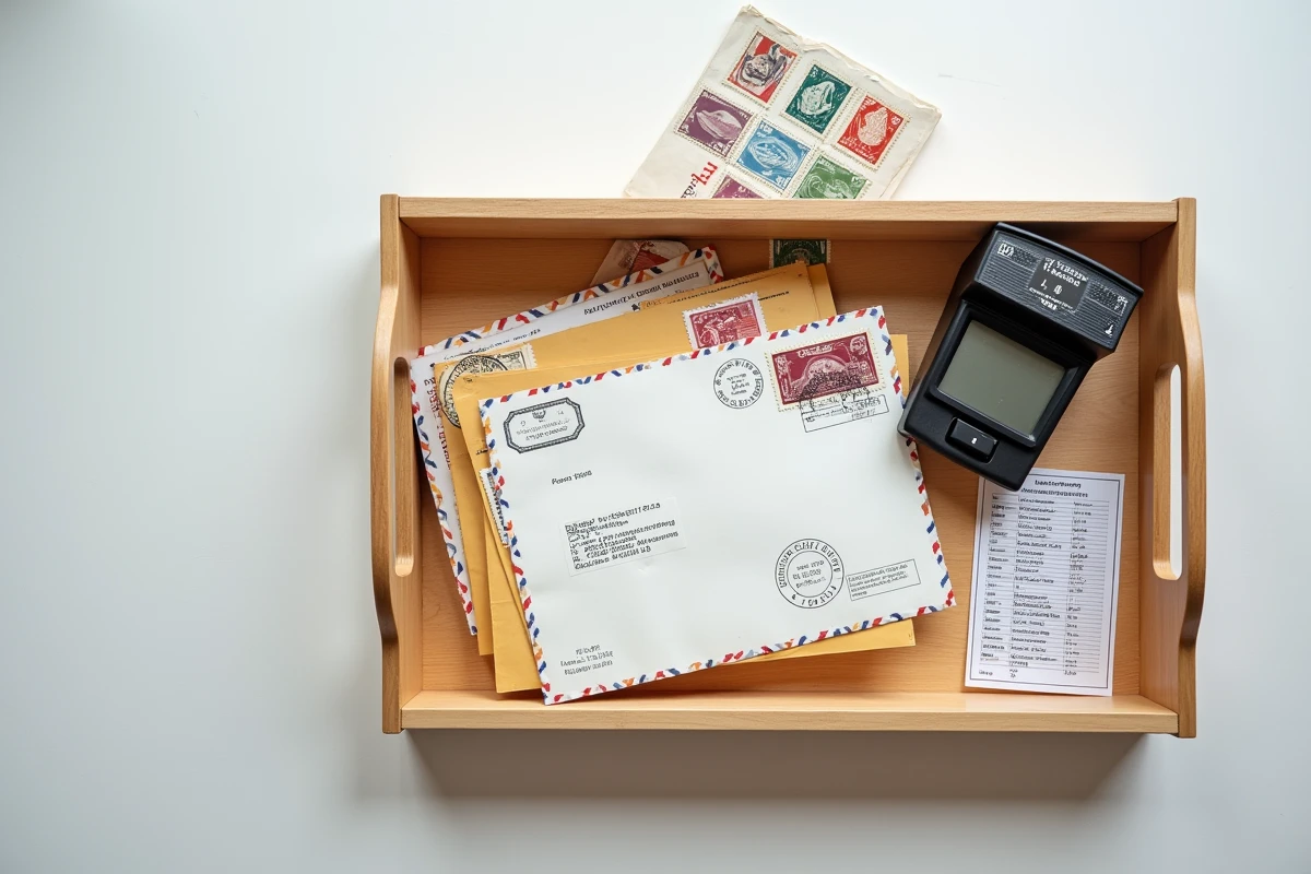Vue aérienne d'un plateau postal avec enveloppes affranchies, balance postale, carnet de timbres et fiche tarifaire pour comprendre les options d'affranchissement