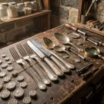 Poinçons d'orfèvre vintage et couverts en argent posés sur un établi d'artisan traditionnel avec outils de contrôle
