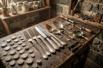 Poinçons d'orfèvre vintage et couverts en argent posés sur un établi d'artisan traditionnel avec outils de contrôle
