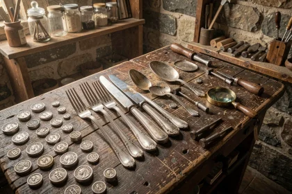 Poinçons d'orfèvre vintage et couverts en argent posés sur un établi d'artisan traditionnel avec outils de contrôle