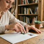 Femme collant un timbre dans le coin supérieur droit d'une enveloppe internationale sur un bureau en bois