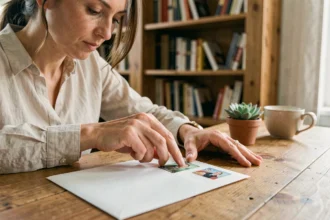 Femme collant un timbre dans le coin supérieur droit d'une enveloppe internationale sur un bureau en bois