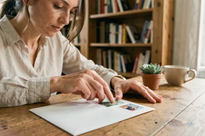 Femme collant un timbre dans le coin supérieur droit d'une enveloppe internationale sur un bureau en bois
