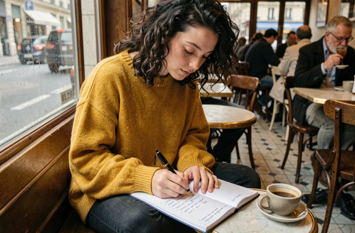 Jeune femme prenant des notes de grammaire et de conjugaison dans un carnet linguistique dans un café parisien