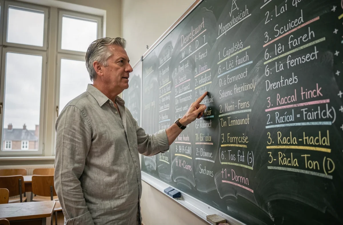 Professeur de grammaire présentant l'analyse morphologique d'un verbe français devant un tableau noir en salle de classe