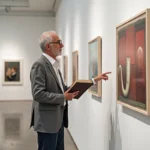 Professeur d'art analysant le tableau 'Ceci n'est pas une pipe' de Magritte dans une galerie contemporaine