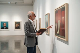 Professeur d'art analysant le tableau 'Ceci n'est pas une pipe' de Magritte dans une galerie contemporaine