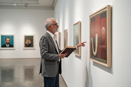 Professeur d'art analysant le tableau 'Ceci n'est pas une pipe' de Magritte dans une galerie contemporaine
