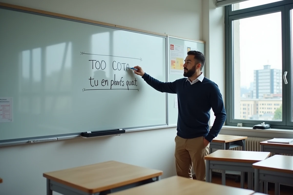 Professeur de français au tableau expliquant la grammaire informelle avec l'expression 'tu en penses quoi'