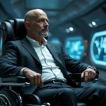 Professeur Xavier assis dans son fauteuil roulant futuriste au sein d'un centre de commandement high-tech, entouré d'écrans holographiques bleutés