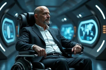 Professeur Xavier assis dans son fauteuil roulant futuriste au sein d'un centre de commandement high-tech, entouré d'écrans holographiques bleutés