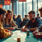 Quatre amis jouent aux cartes lors d'un tournoi en journée