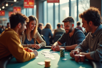 Quatre amis jouent aux cartes lors d'un tournoi en journée