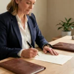 Femme professionnelle rédigeant un courrier officiel à son bureau avec un stylo plume, illustrant la rédaction formelle sans jargon