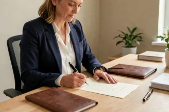 Femme professionnelle rédigeant un courrier officiel à son bureau avec un stylo plume, illustrant la rédaction formelle sans jargon