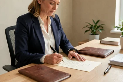 Femme professionnelle rédigeant un courrier officiel à son bureau avec un stylo plume, illustrant la rédaction formelle sans jargon