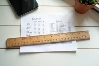 Règle en bois vintage montrant des graduations en centimètres et en pouces sur un bureau blanc, avec une table de conversion imprimée