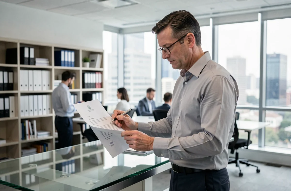 Homme en bureau moderne relisant attentivement une lettre officielle imprimée avec des annotations au stylo