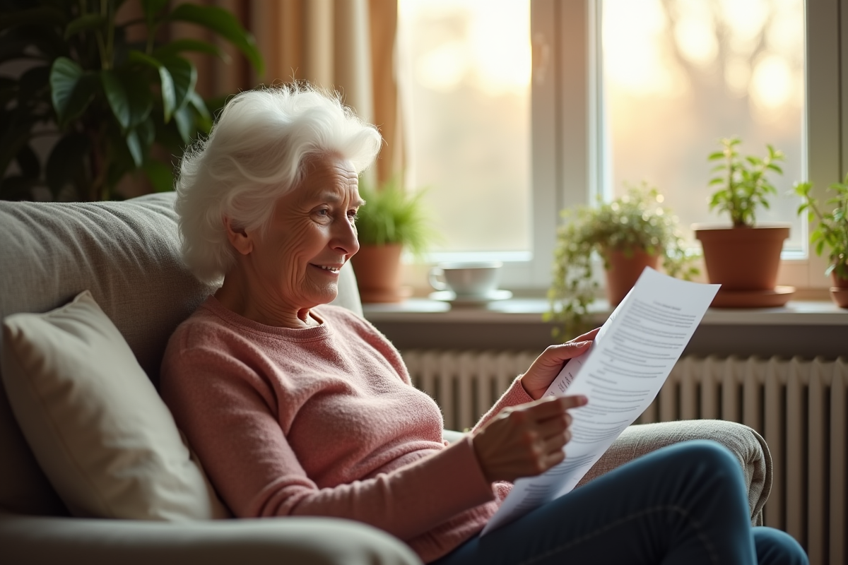 Femme agee lisant des documents de retraite chez elle