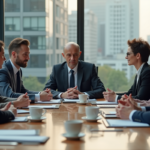 Groupe d'investisseurs et dirigeants en discussion dans un bureau moderne