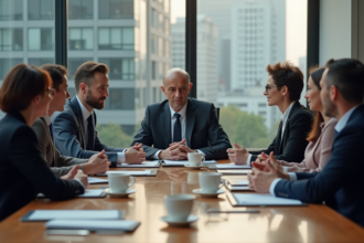 Groupe d'investisseurs et dirigeants en discussion dans un bureau moderne