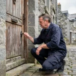Serrurier professionnel intervenant sur une vieille porte en bois dans une rue pavée du Finistère en Bretagne