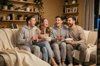 Groupe d'amis réunis dans un salon cosy pour regarder un film Netflix ensemble le soir