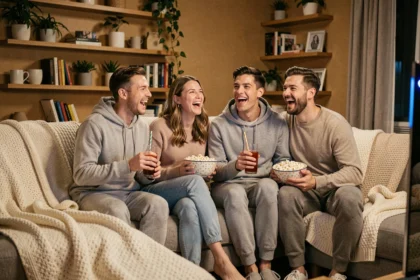 Groupe d'amis réunis dans un salon cosy pour regarder un film Netflix ensemble le soir