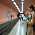 Voyageuse consultant un plan du métro de Toulouse dans une station souterraine aux carreaux terracotta