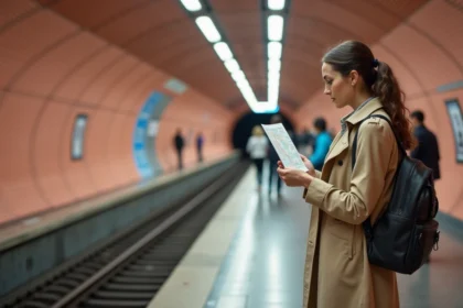 Voyageuse consultant un plan du métro de Toulouse dans une station souterraine aux carreaux terracotta