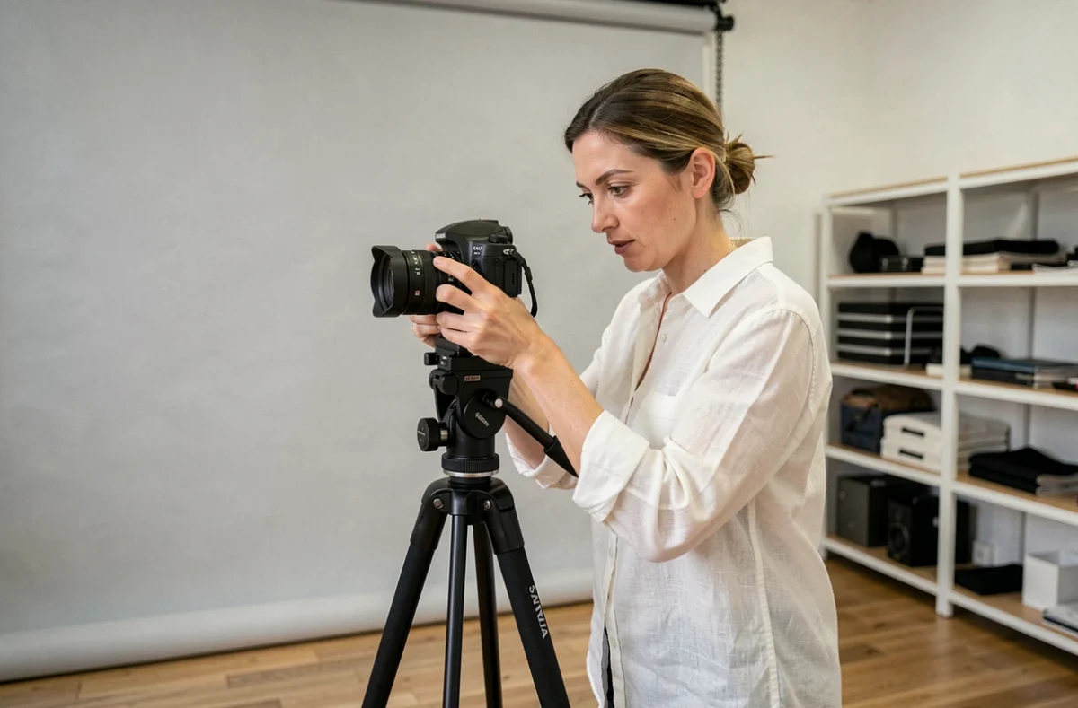 Photographe professionnelle du Studio Saana ajustant son appareil photo devant un fond gris dans un studio minimaliste
