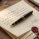 Stylo posé sur un document officiel signé sur un bureau en bois