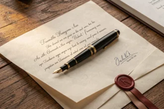 Stylo posé sur un document officiel signé sur un bureau en bois