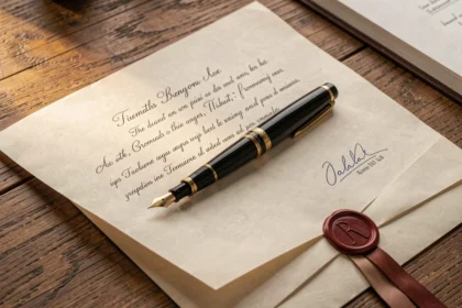 Stylo posé sur un document officiel signé sur un bureau en bois