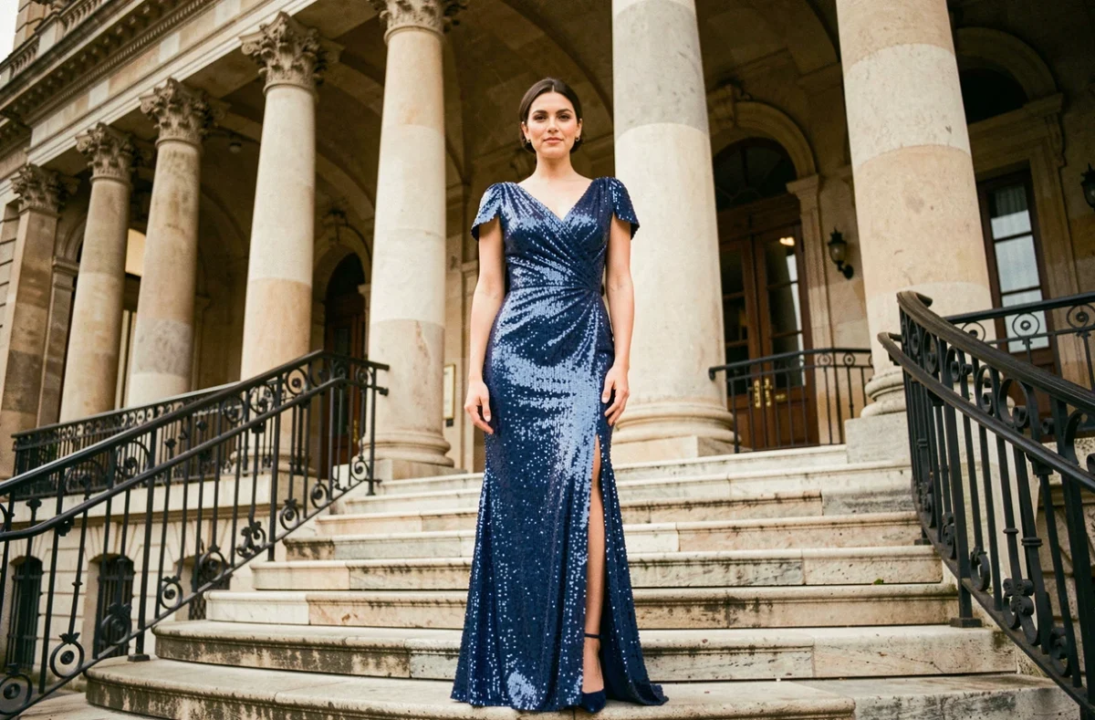 Femme en robe de soirée longue à sequins bleu cobalt devant un opéra classique parisien, icône de style et élégance à la française
