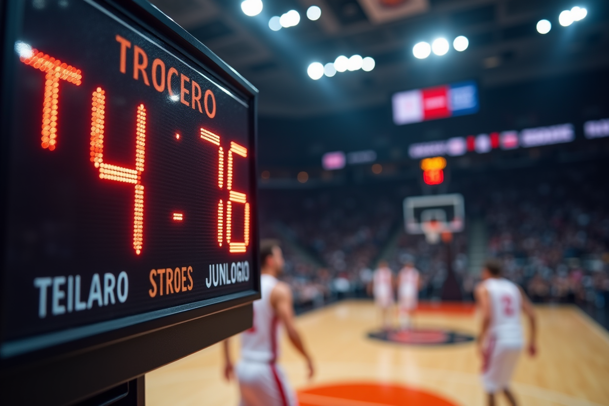 Tableau de basketball affichant le temps de jeu en gros caractères