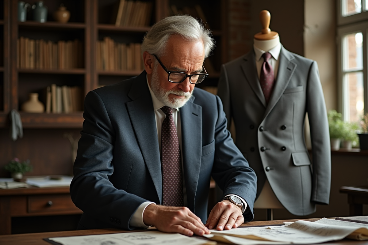Tailleur expérimenté ajustant vêtements dans atelier vintage