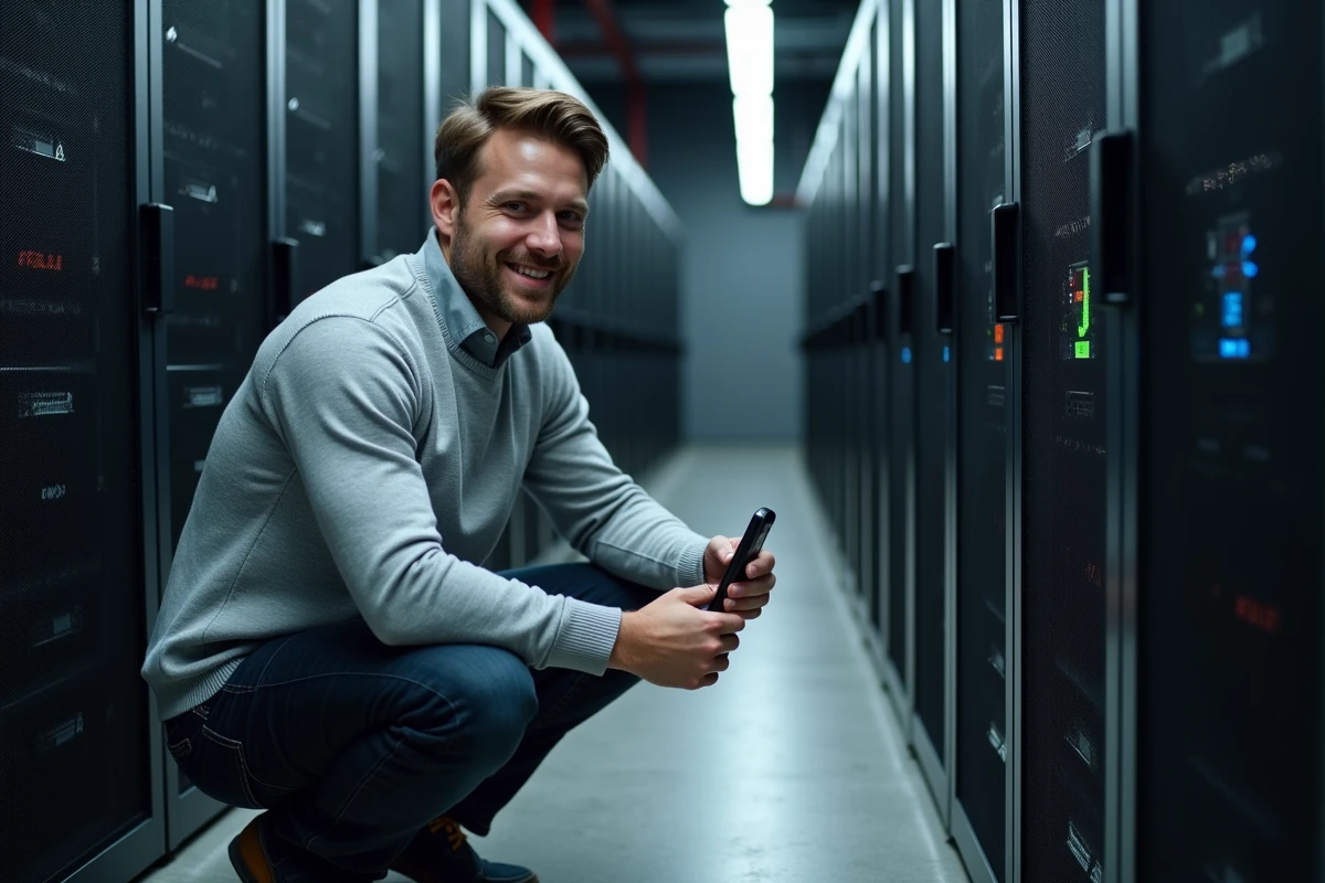 Jeune homme inspectant un serveur dans une salle informatique