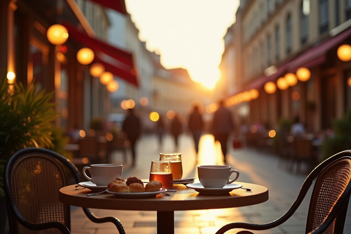 Terrasse de café à Lille au coucher de soleil