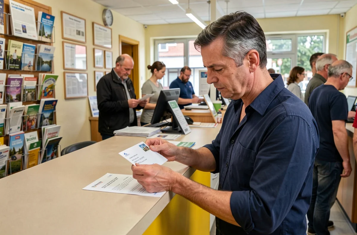Homme vérifiant le positionnement d'un timbre sur une enveloppe internationale au guichet d'un bureau de poste