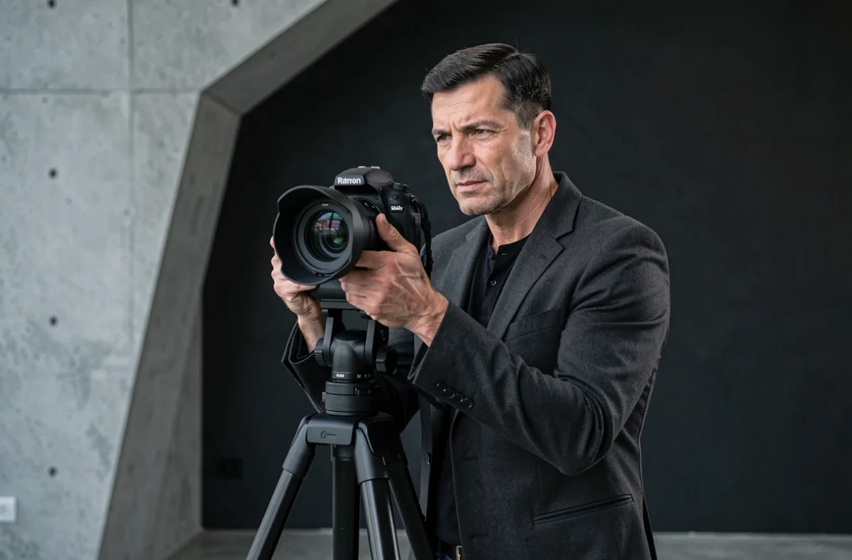 Udi Kivity photographe portrait debout derrière son trépied dans un studio moderne aux murs en béton à Nantes